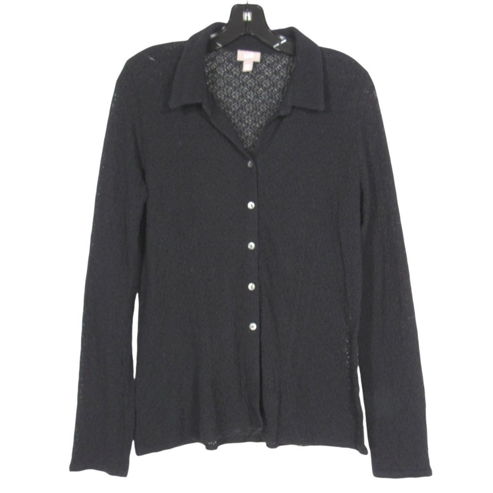 J. JILL STRETCH Semi-Sheer Black TEXTURED KNIT Button-Up FITTED BLOUSE TOP M